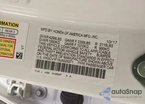 2018 Honda Accord Lx z USA, uszkodzony, nr VIN 1HGCV1F19JA025271